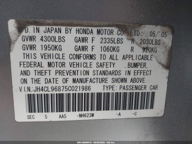 Продаж на аукціоні авто 2005 Acura Tsx, vin: JH4CL96875C021986, номер лоту: 45890819