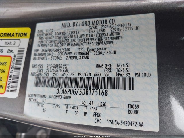 Продажа на аукционе авто 2013 Ford Fusion S, vin: 3FA6P0G75DR175168, номер лота: 45890834