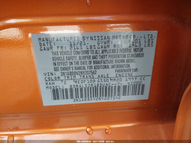 Продаж на аукціоні авто 2022 Nissan Sentra Sr Xtronic Cvt, vin: 3N1AB8DV2NY207542, номер лоту: 45890840