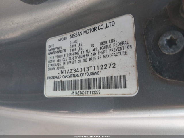 Aukcja sprzedaży 2003 Nissan 350z Touring, vin: JN1AZ34D13T112272, numer aukcji: 45890855