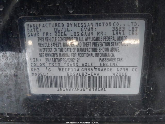 3N1AB7AP3GY292121 Nissan Sentra Fe+ S/s/sl/sr/sv