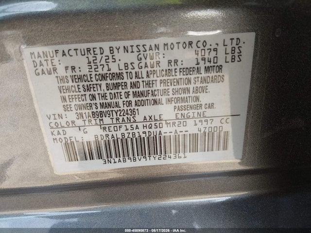 Продаж на аукціоні авто 2026 Nissan Sentra S, vin: 3N1AB9BV9TY224361, номер лоту: 45890873