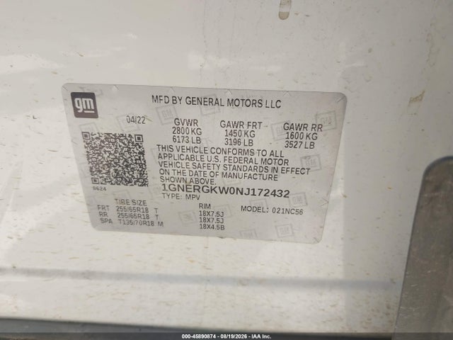45890874 :رقم المزاد ، 1GNERGKW0NJ172432 vin ، 2022 Chevrolet Traverse Fwd Lt Cloth مزاد بيع