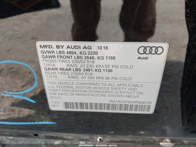Продаж на аукціоні авто 2017 Audi Q3 2.0t Premium, vin: WA1ECCFS2HR008156, номер лоту: 45890882