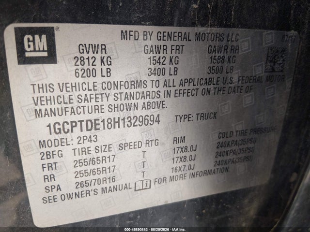 Aukcja sprzedaży 2017 Chevrolet Colorado 4wd Z71, vin: 1GCPTDE18H1329694, numer aukcji: 45890883