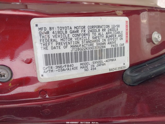 Продажа на аукционе авто 1999 Toyota Camry Le, vin: JT2BG22KXX0306284, номер лота: 45890887