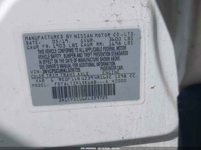 2019 Nissan Kicks Sr მანქანა იყიდება აუქციონზე, vin: 3N1CP5CU6KL529725, აუქციონის ნომერი: 45890896