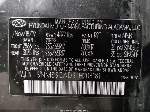 Aukcja sprzedaży 2020 Hyundai Santa Fe Sel, vin: 5NMS3CAD3LH203181, numer aukcji: 45890902