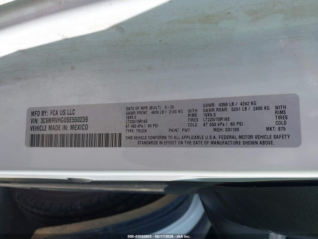 45890903 :رقم المزاد ، 3C6MRVHG0SE550239 vin ، 2025 Ram Promaster 3500 Tradesman High Roof 159 Wb W/pass Seat مزاد بيع