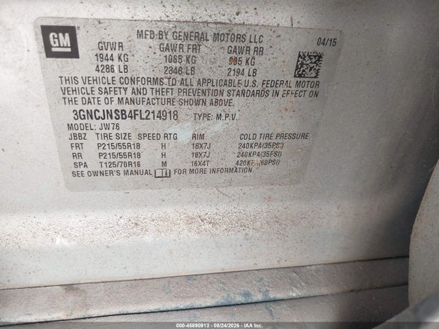 Продаж на аукціоні авто 2015 Chevrolet Trax Ltz, vin: 3GNCJNSB4FL214918, номер лоту: 45890913