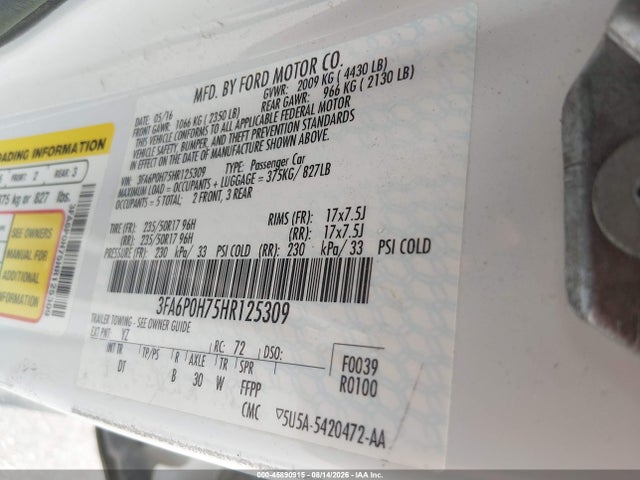 45890915 :رقم المزاد ، 3FA6P0H75HR125309 vin ، 2017 Ford Fusion Se مزاد بيع