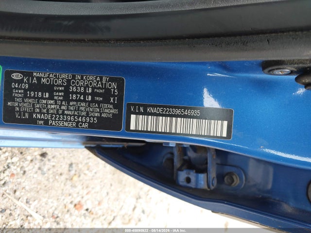 45890922 :رقم المزاد ، KNADE223396546935 vin ، 2009 Kia Rio Lx مزاد بيع