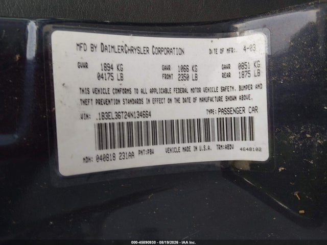 2004 Dodge Stratus Se მანქანა იყიდება აუქციონზე, vin: 1B3EL36T24N134664, აუქციონის ნომერი: 45890930