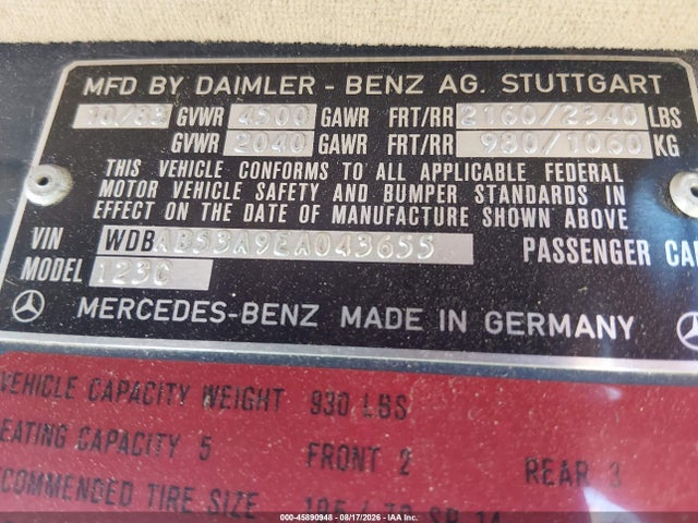 Продаж на аукціоні авто 1984 Mercedes-benz 300 Cdt, vin: WDBAB53A9EA043655, номер лоту: 45890948