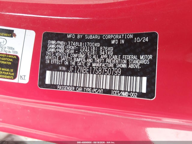 Aukcja sprzedaży 2025 Toyota Gr86 Premium, vin: JF1ZNBE17S8750799, numer aukcji: 45890950