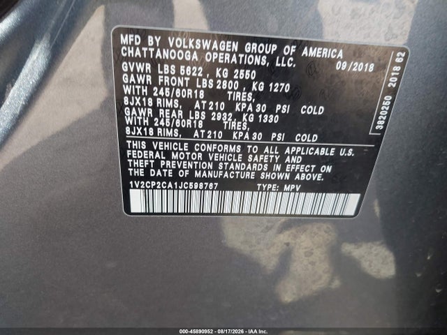 Продаж на аукціоні авто 2018 Volkswagen Atlas 2.0t Se, vin: 1V2CP2CA1JC598767, номер лоту: 45890952