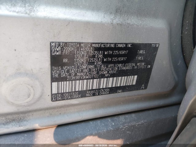 Продаж на аукціоні авто 2019 Toyota Rav4 Le, vin: 2T3H1RFV3KW001102, номер лоту: 45890953