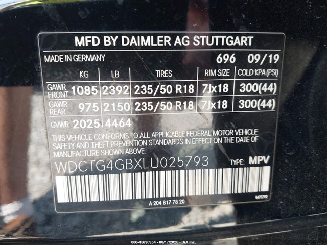 2020 Mercedes-benz Gla 250 4matic მანქანა იყიდება აუქციონზე, vin: WDCTG4GBXLU025793, აუქციონის ნომერი: 45890954
