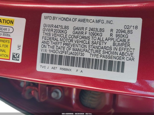 1HGCV2F97JA020730 Honda Accord Touring 2.0t