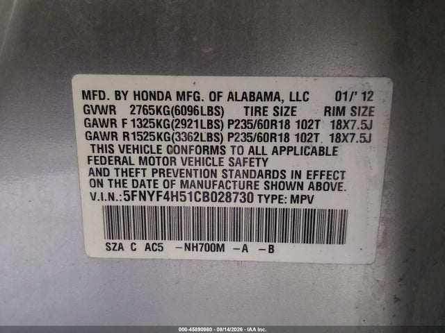 Продаж на аукціоні авто 2012 Honda Pilot Ex-l, vin: 5FNYF4H51CB028730, номер лоту: 45890960