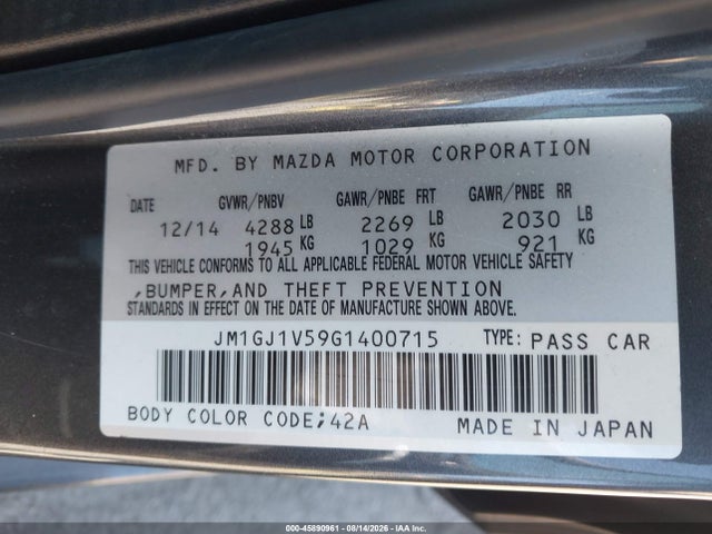 JM1GJ1V59G1400715 Mazda Mazda6 I Touring