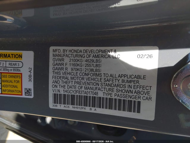Продаж на аукціоні авто 2026 Honda Accord Hybrid Touring, vin: 1HGCY2F83TA017048, номер лоту: 45890966