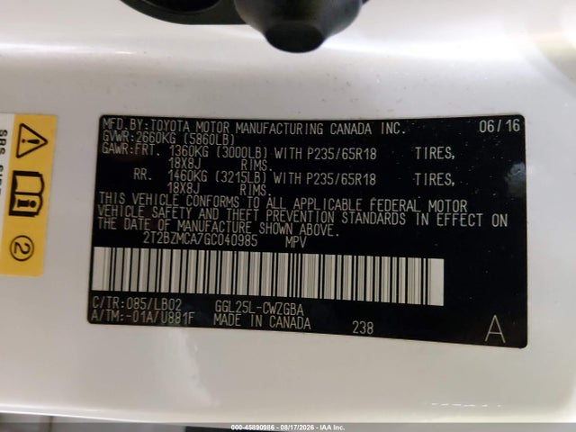 45890986 :رقم المزاد ، 2T2BZMCA7GC040985 vin ، 2016 Lexus Rx 350 مزاد بيع