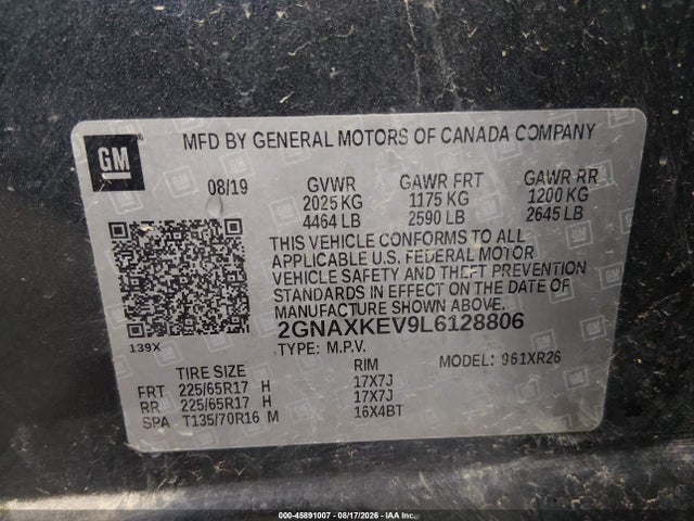 2020 Chevrolet Equinox Fwd Lt 1.5l Turbo მანქანა იყიდება აუქციონზე, vin: 2GNAXKEV9L6128806, აუქციონის ნომერი: 45891007