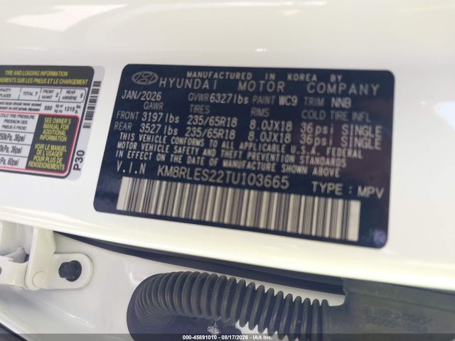 2026 Hyundai Palisade Sel 7p მანქანა იყიდება აუქციონზე, vin: KM8RLES22TU103665, აუქციონის ნომერი: 45891010