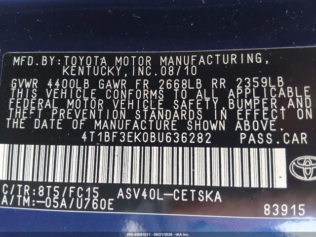 Продаж на аукціоні авто 2011 Toyota Camry Se, vin: 4T1BF3EK0BU636282, номер лоту: 45891011