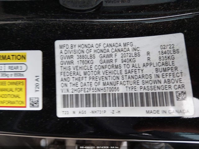 Honda Civic Sport 2022 2HGFE2F55NH570056 Image 9