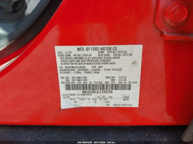 Aukcja sprzedaży 2020 Ford Ecosport Titanium, vin: MAJ6S3KL6LC340596, numer aukcji: 45891039