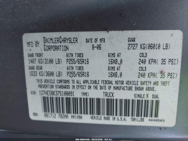 Продажа на аукционе авто 2007 Dodge Dakota Laramie, vin: 1D7HE58K37S108091, номер лота: 45891048