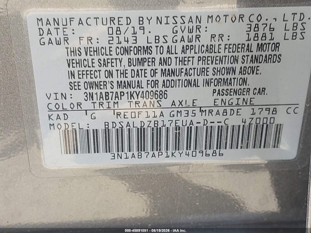 Nissan SENTRA SV 2019 3N1AB7AP1KY409686 Image 9