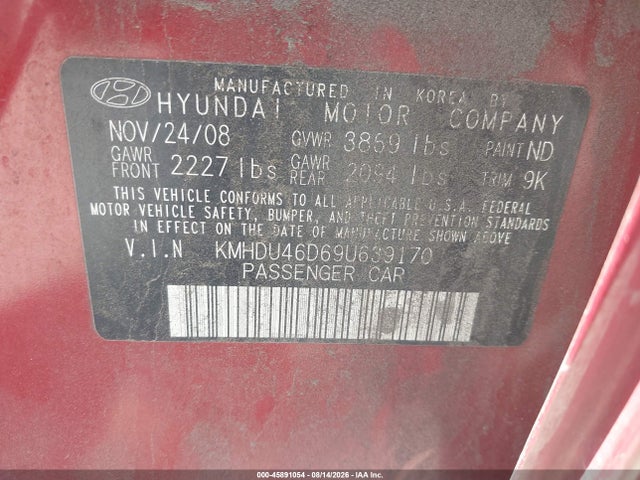 Продаж на аукціоні авто 2009 Hyundai Elantra Gls, vin: KMHDU46D69U639170, номер лоту: 45891054