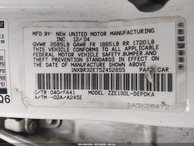 45891055 :رقم المزاد ، 1NXBR32E75Z452855 vin ، 2005 Toyota Corolla Ce مزاد بيع