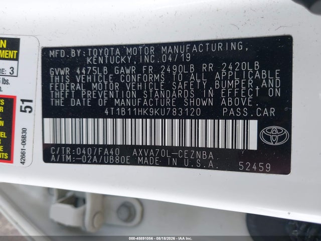 4T1B11HK9KU783120 Toyota CAMRY LE