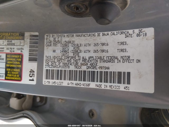 2018 Toyota Tacoma Trd Off Road მანქანა იყიდება აუქციონზე, vin: 3TMCZ5AN3JM183578, აუქციონის ნომერი: 45891057