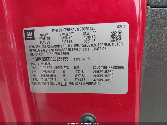 45891064 :رقم المزاد ، 1GKKRSED8CJ256153 vin ، 2012 Gmc Acadia Slt-2 مزاد بيع