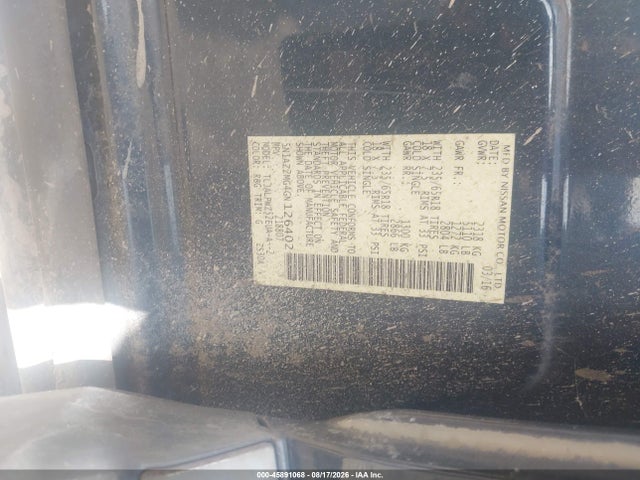 2016 Nissan Murano S მანქანა იყიდება აუქციონზე, vin: 5N1AZ2MG4GN126402, აუქციონის ნომერი: 45891068
