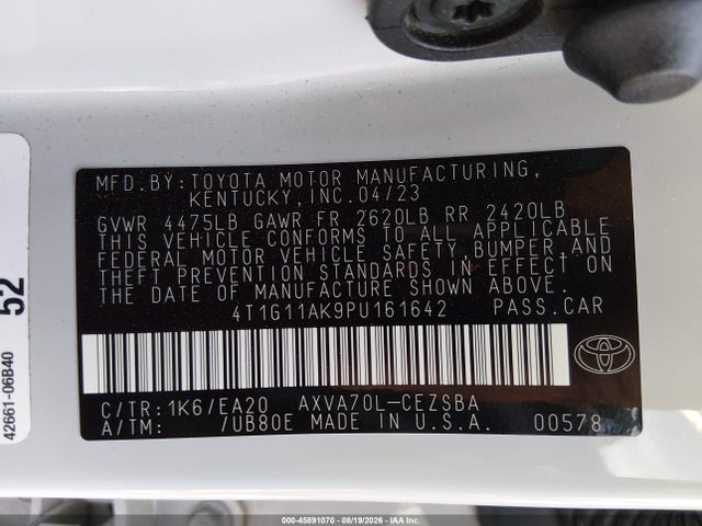 2023 Toyota Camry Se მანქანა იყიდება აუქციონზე, vin: 4T1G11AK9PU161642, აუქციონის ნომერი: 45891070