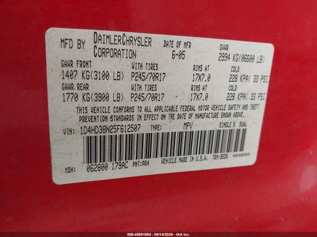 Продаж на аукціоні авто 2005 Dodge Durango Sxt, vin: 1D4HD38N25F612507, номер лоту: 45891084
