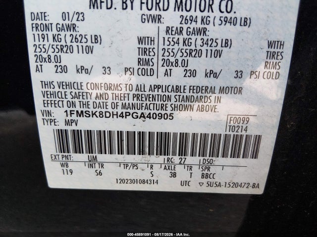 Aukcja sprzedaży 2023 Ford Explorer Xlt, vin: 1FMSK8DH4PGA40905, numer aukcji: 45891091