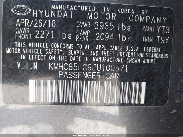 Aukcja sprzedaży 2018 Hyundai Ioniq Hybrid Blue, vin: KMHC65LC9JU100571, numer aukcji: 45891093