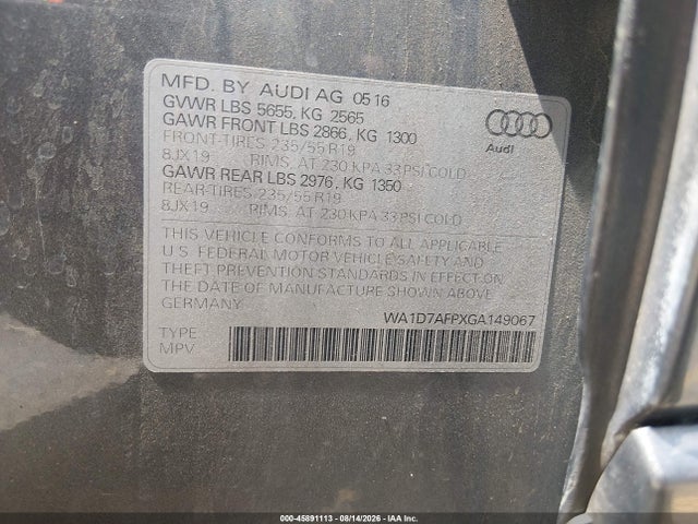 Aukcja sprzedaży 2016 Audi Q5 3.0t Premium Plus, vin: WA1D7AFPXGA149067, numer aukcji: 45891113