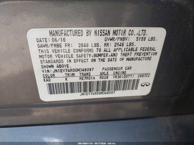 45891116 :رقم المزاد ، JN1EV7AR0GM346097 vin ، 2016 Infiniti Q50 3.0t Premium مزاد بيع