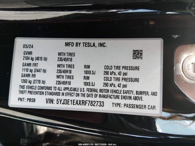 Продаж на аукціоні авто 2024 Tesla Model 3 Long Range Dual Motor All-wheel Drive/rear-wheel Drive, vin: 5YJ3E1EAXRF782733, номер лоту: 45891119