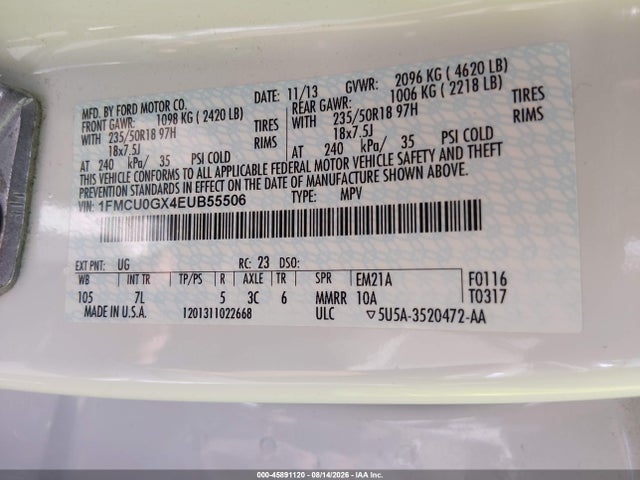 2014 Ford Escape Se მანქანა იყიდება აუქციონზე, vin: 1FMCU0GX4EUB55506, აუქციონის ნომერი: 45891120