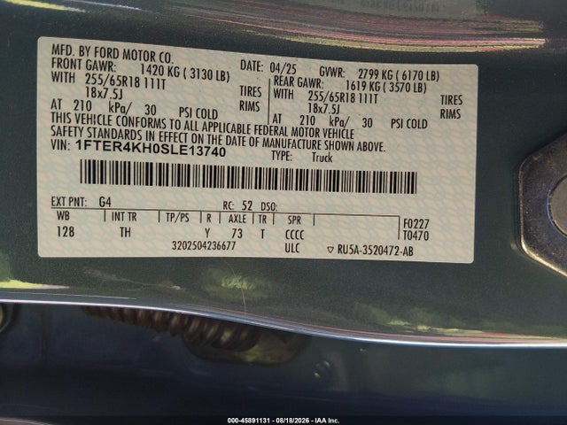 Aukcja sprzedaży 2025 Ford Ranger Lariat, vin: 1FTER4KH0SLE13740, numer aukcji: 45891131