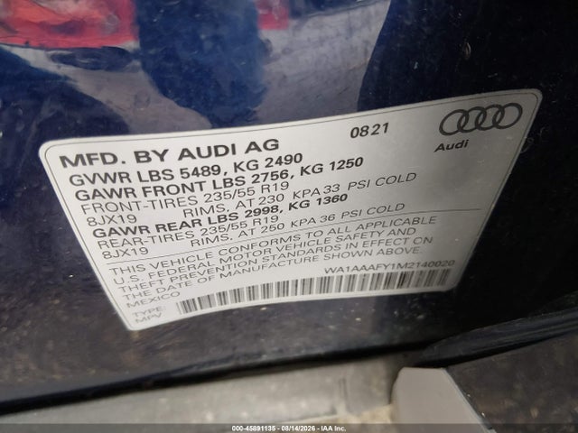 Aukcja sprzedaży 2021 Audi Q5 Premium 45 Tfsi Quattro S Tronic, vin: WA1AAAFY1M2140020, numer aukcji: 45891135